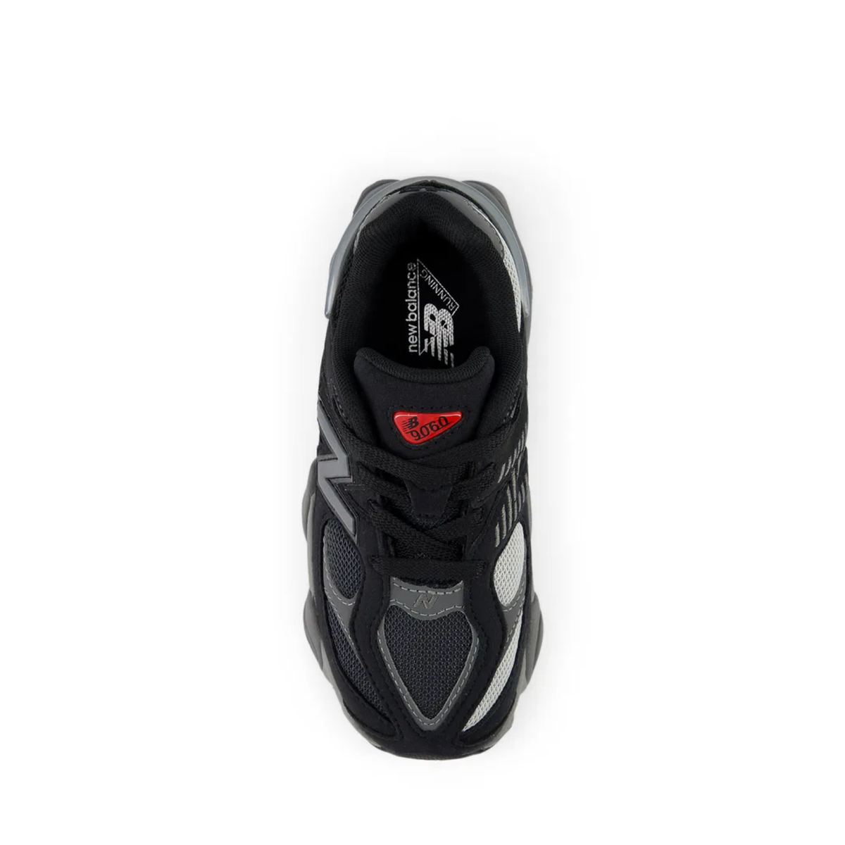 New Balance 9060 Black Castlerock GS GC9060BK vue de dessus avec lacets et empiècements