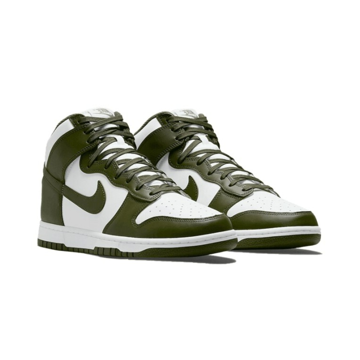 Paire Nike Dunk High Cargo Khaki GS DB2179-105 vue de face blanc et kaki